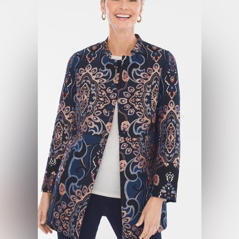 CHICOS Womens Jacquard Embroidered Jacket Blue Metallic Floral Career Boho 8/10
